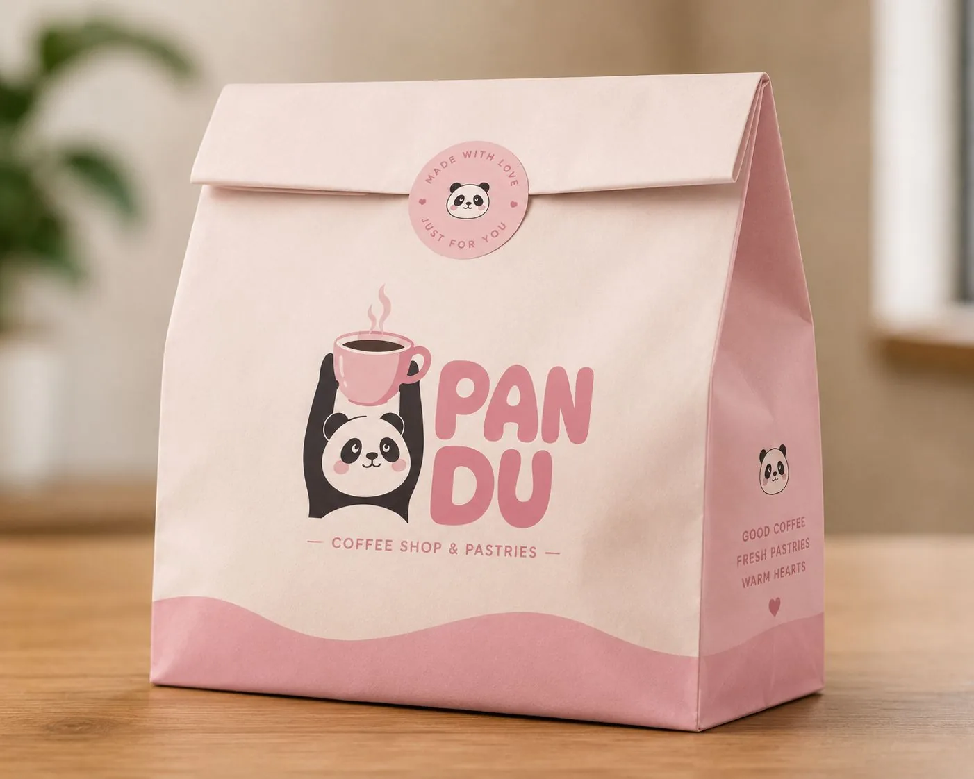 Pandu takeaway paper bag with the mascot and a made-with-love seal