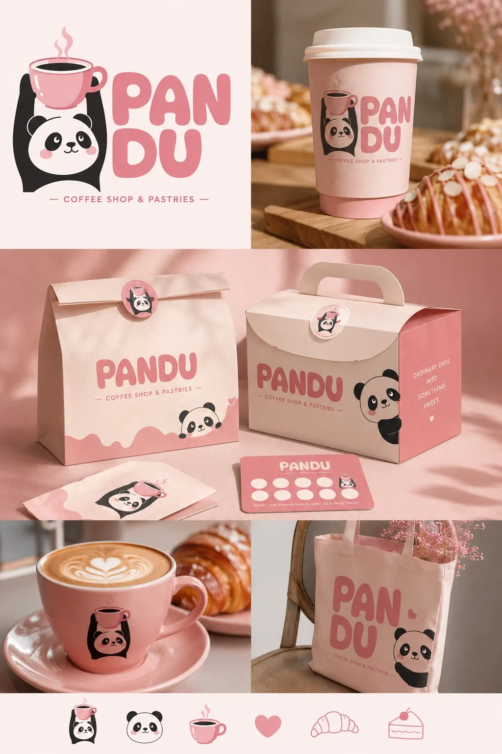 Full Pandu brand board with logo, packaging, boxes, loyalty card, latte cup, tote and icon set