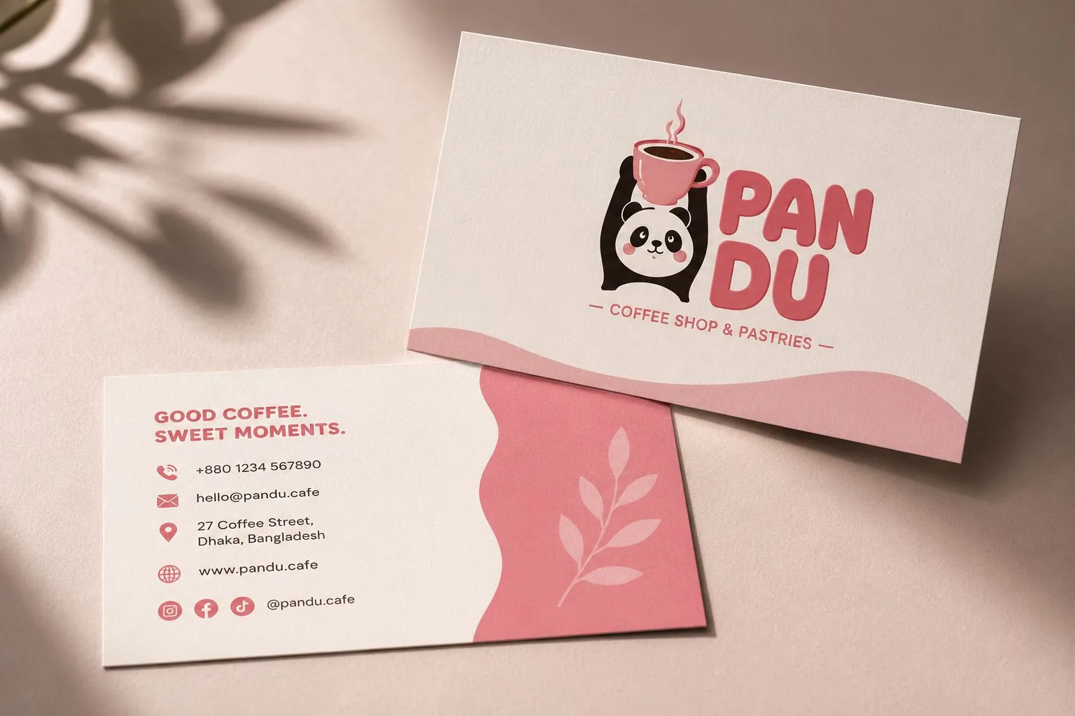 Pandu business cards, showing the front logo and the back contact details