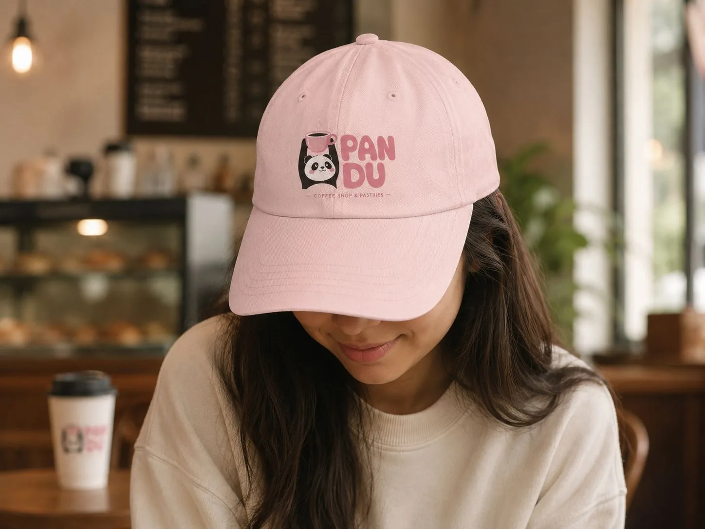 A person wearing a blush-pink Pandu dad cap in the café