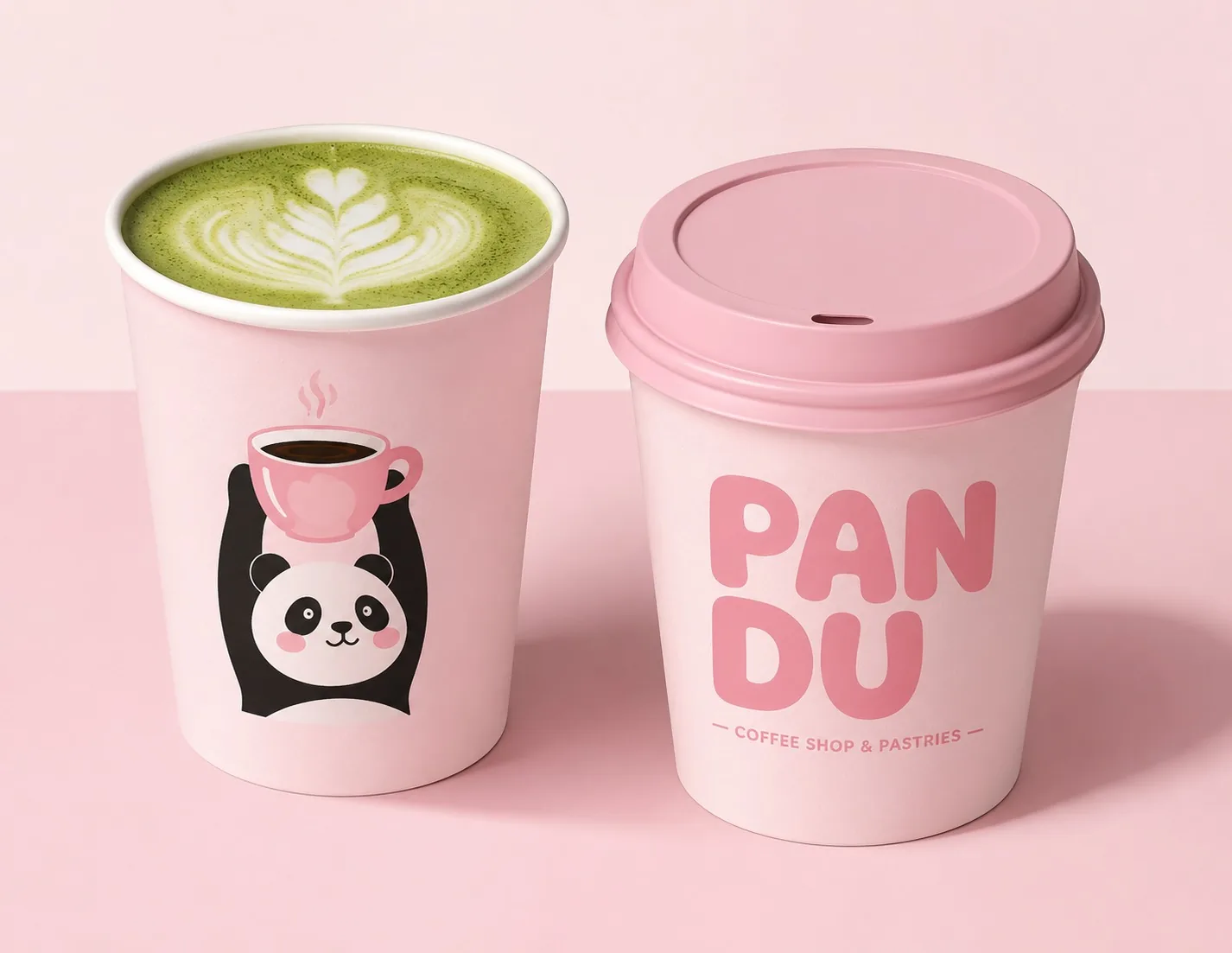 Two Pandu paper cups, a matcha latte and a pink-lidded coffee cup