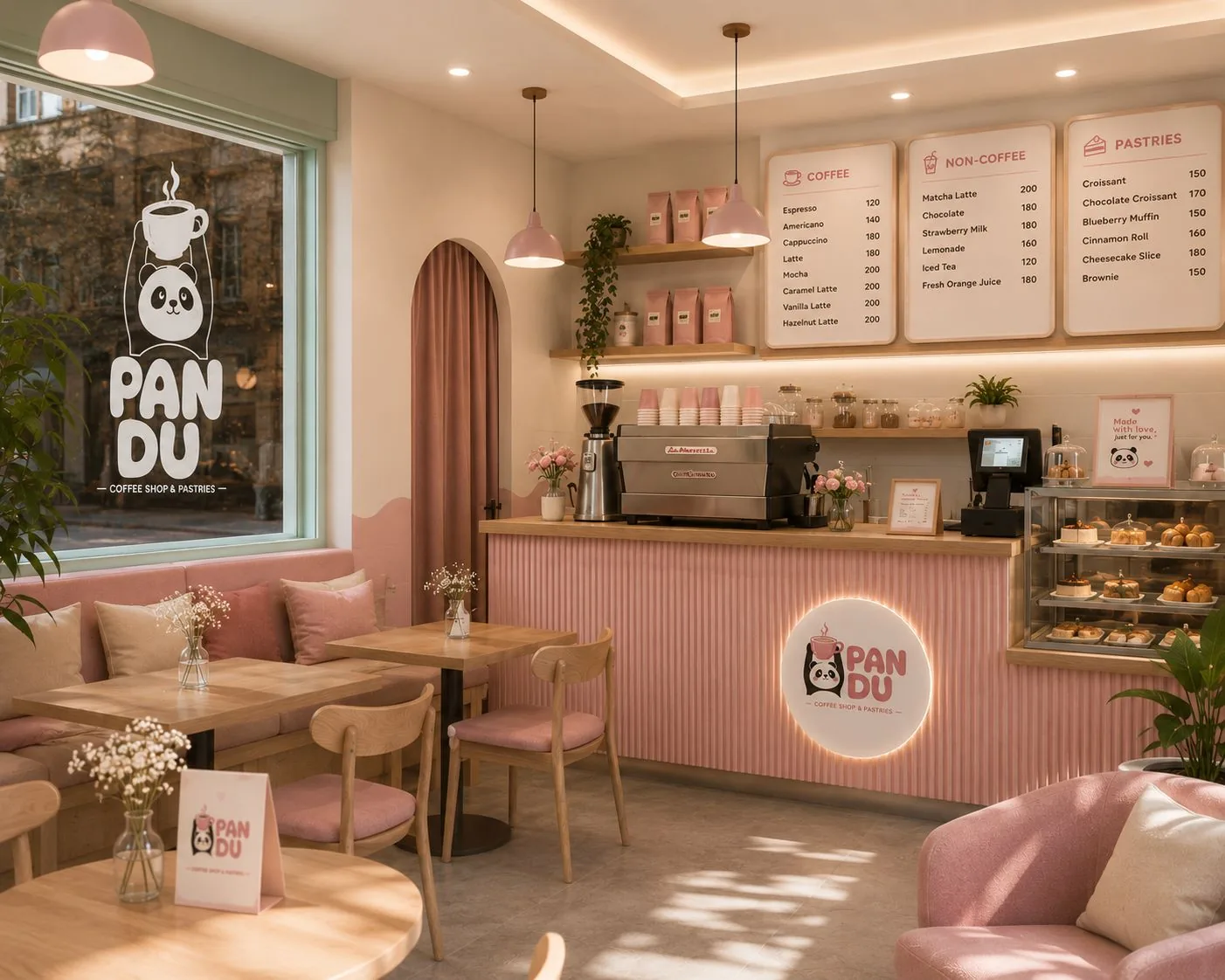 Warm pastel-pink Pandu café interior with menu boards, an espresso bar and a pastry case