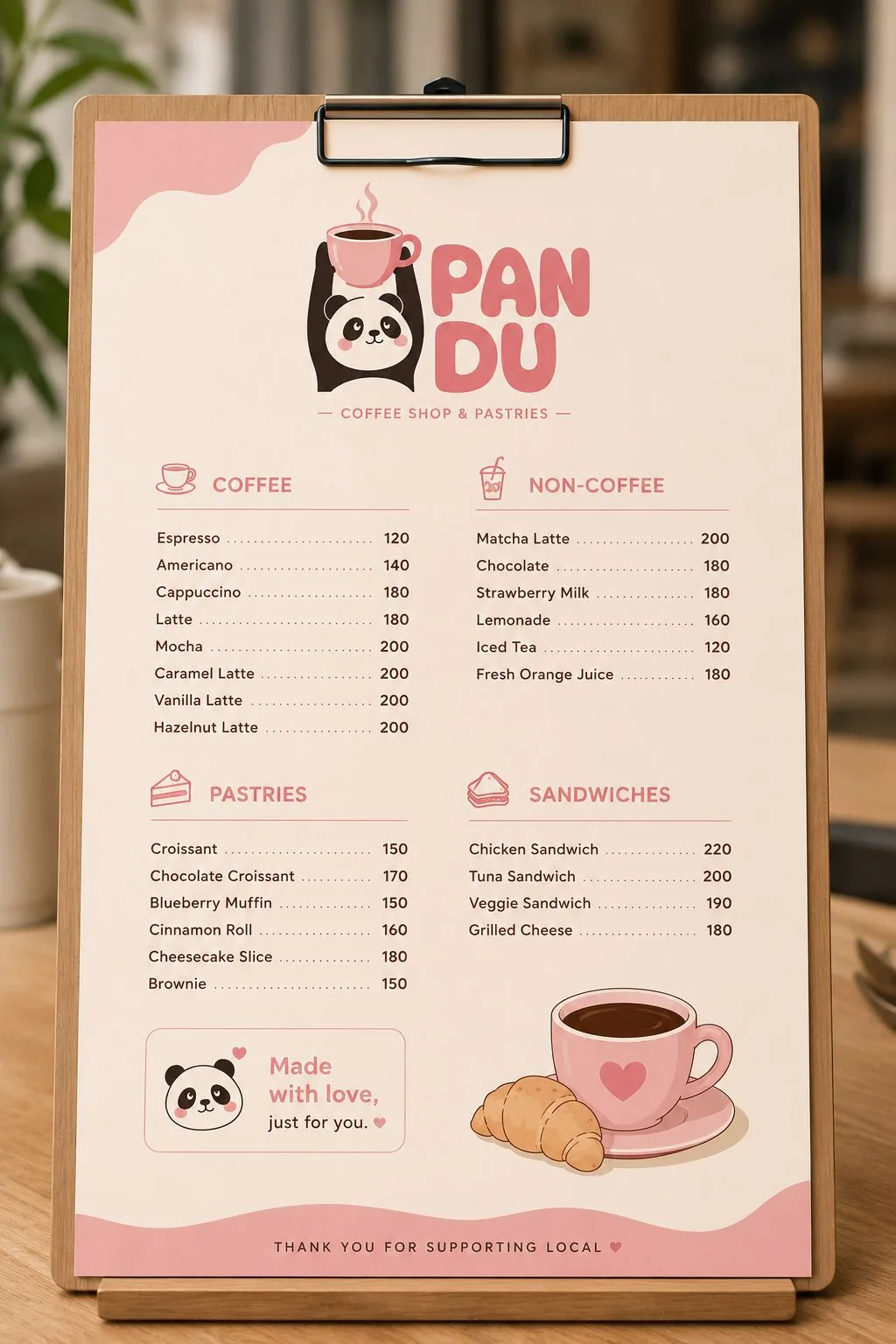 Pandu clipboard menu listing coffee, non-coffee, pastries and sandwiches