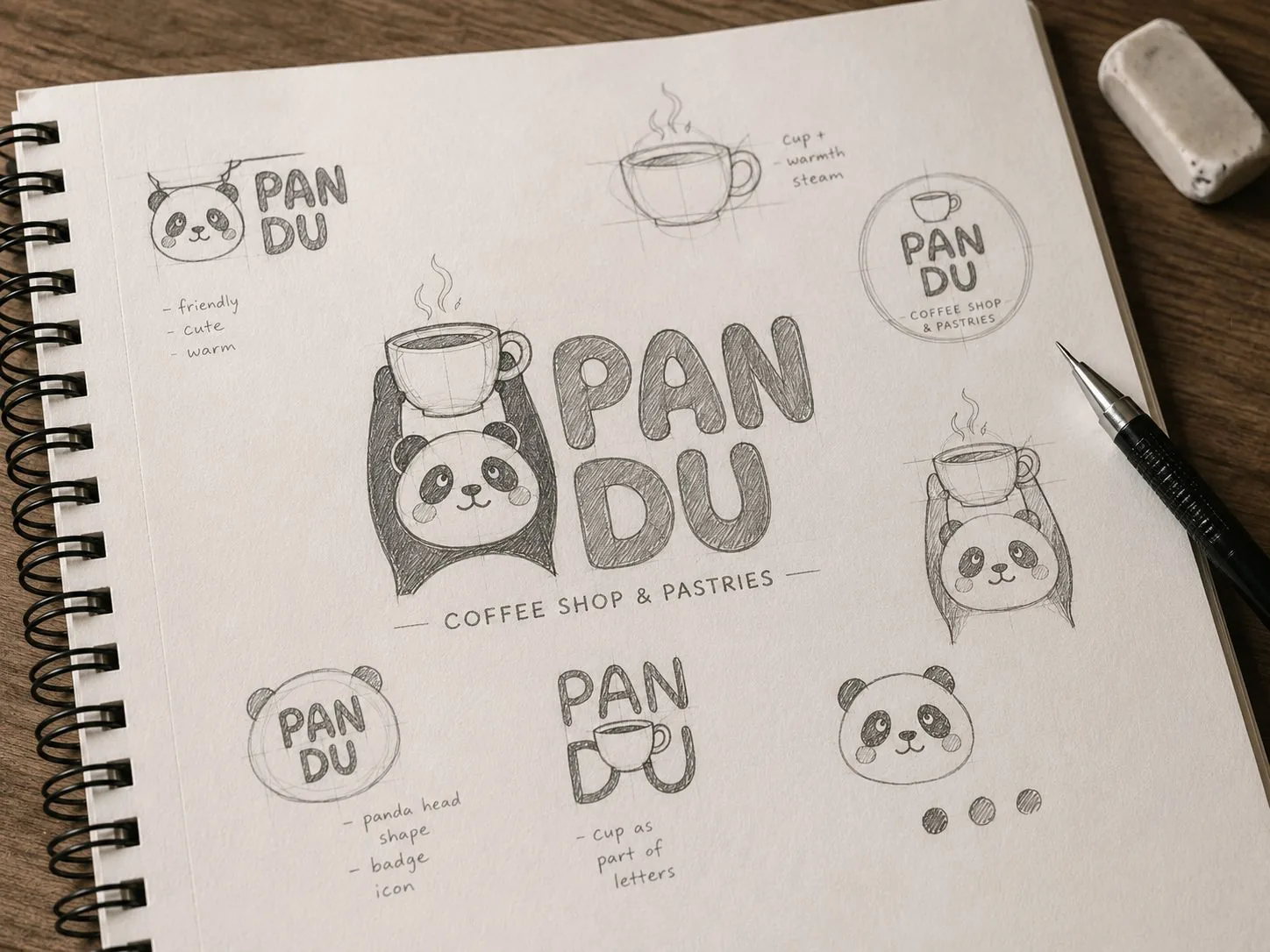 Sketchbook page exploring Pandu logo concepts
