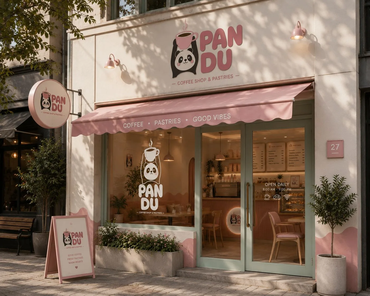 Pandu storefront with a pink scalloped awning, a round blade sign and a window decal on a sunlit street